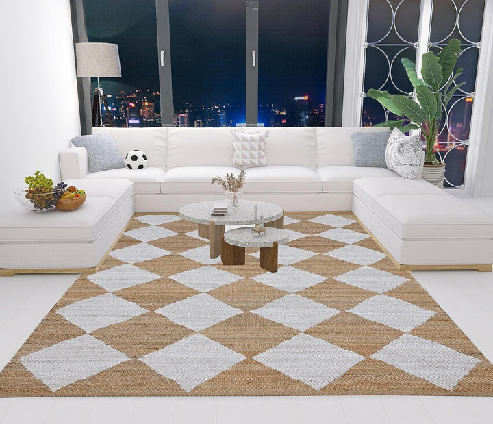 Handwoven Hemp Jute Rug – Natural & White Checkerboard