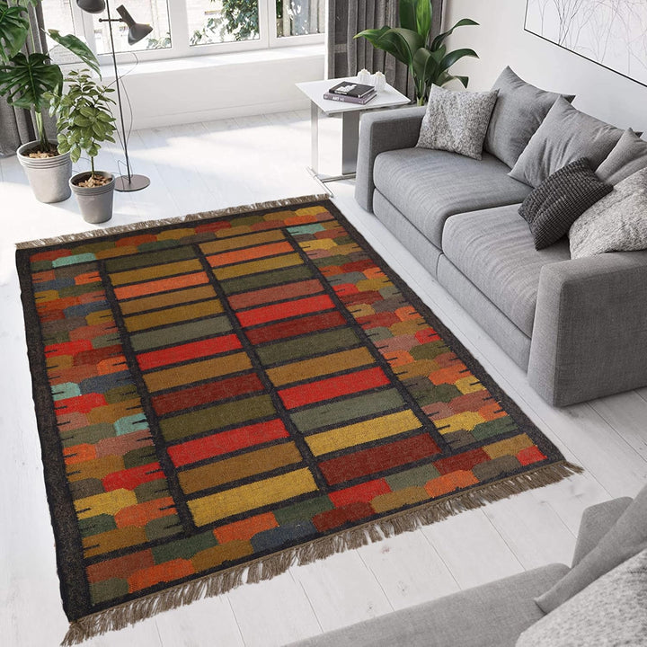 Handwoven Kilim Wool Jute Rug Geometric Pattern, Non-Slip, Versatile for Living, Bedroom & Kids Room