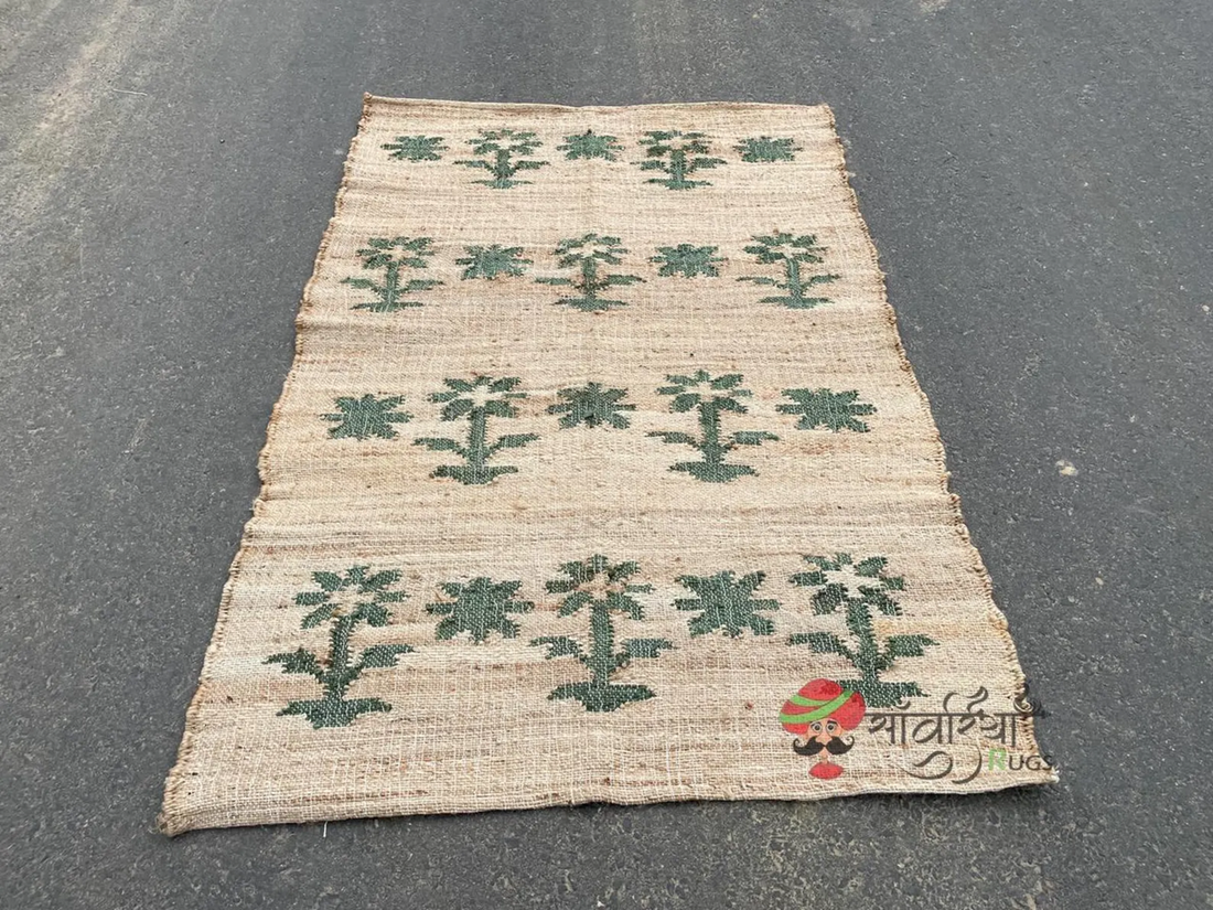 Rustic Natural Jute Flatweave Rug with Green Floral Motifs | Handwoven Eco Floor Accent for Hallway & Living Spaces