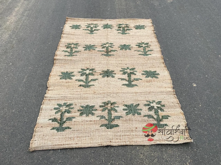 Rustic Natural Jute Flatweave Rug with Green Floral Motifs | Handwoven Eco Floor Accent for Hallway & Living Spaces