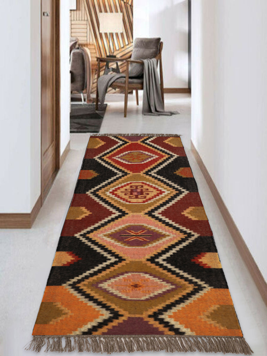 Vintage Handwoven Wool Jute Kilim Runner – Tribal Geometric Bohemian Style