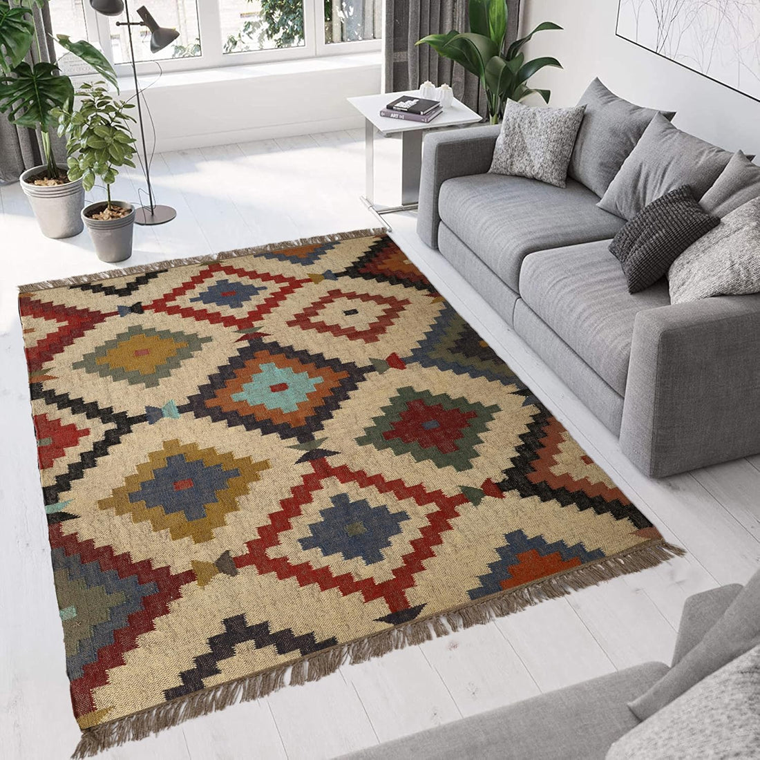 Handwoven Kilim Wool Jute Rug Geometric Pattern, Non-Slip, Versatile for Living, Bedroom & Kids Room