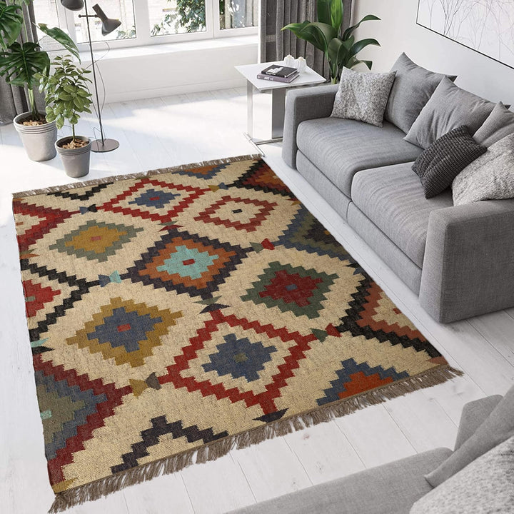 Handwoven Kilim Wool Jute Rug Geometric Pattern, Non-Slip, Versatile for Living, Bedroom & Kids Room