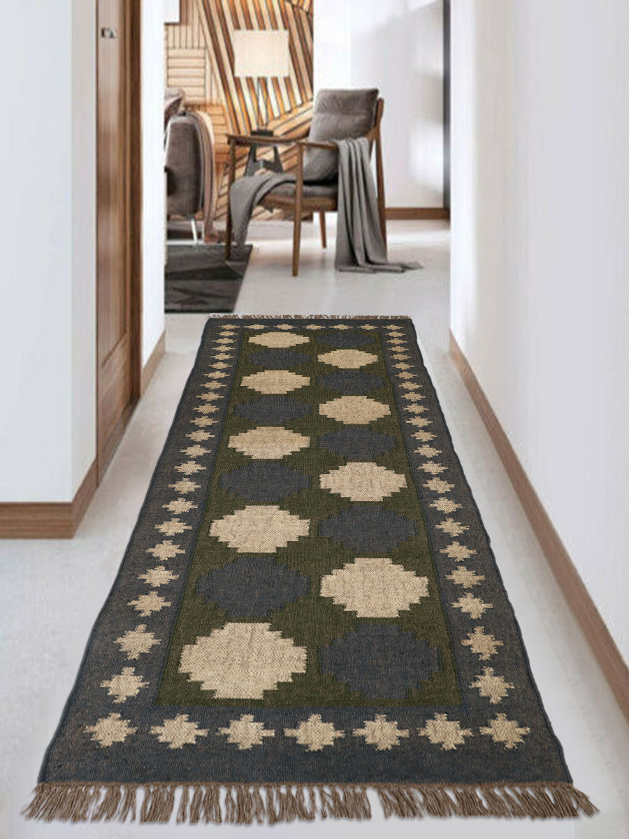 Handwoven Wool Jute Kilim Runner Rug – Traditional Indian Geometric Hallway Area Runner