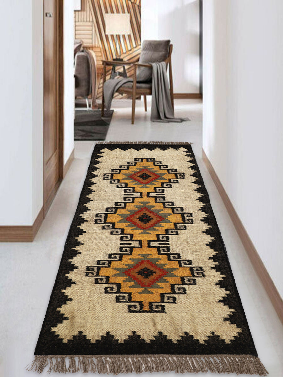Handwoven Wool & Jute Kilim Runner – Traditional Indian Geometric Dhurrie