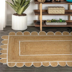 Scalloped Handmade Natura braided l Jute with white  border Rectangle rugs and runner