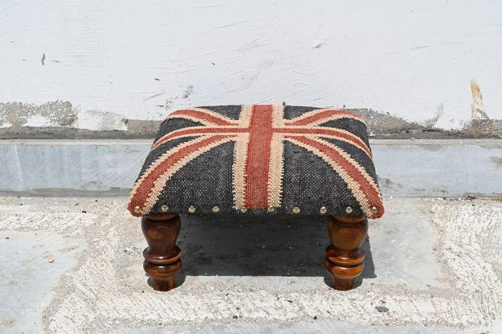 Handmade Union Jack Kilim Ottoman Footstool | Wool Jute Upholstered British Flag Pouf Stool with Solid Wooden Legs for Living Room