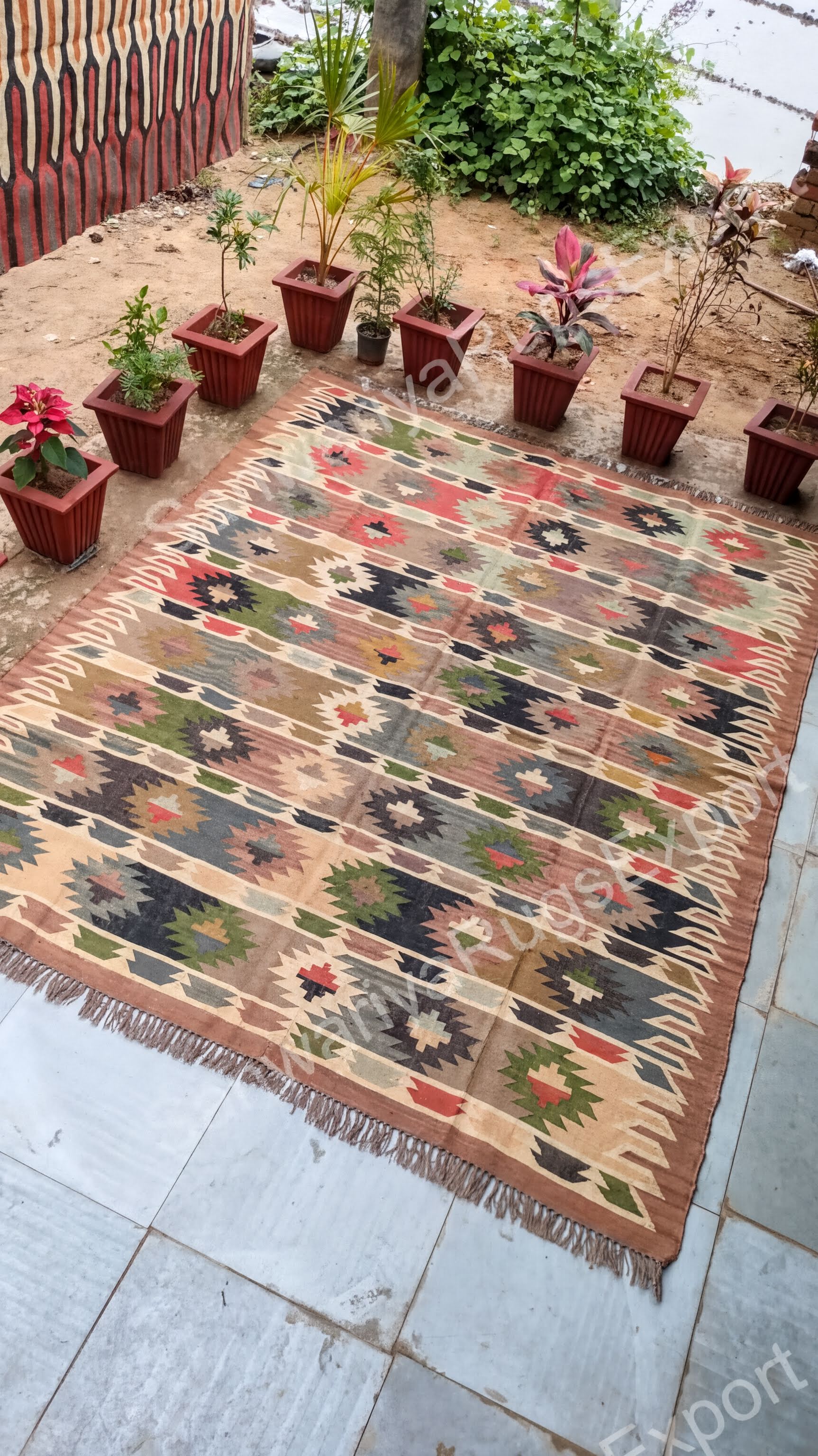a colorful rug with a geometric pattern, surrounded by several potted plants arranged on a tiled floor.