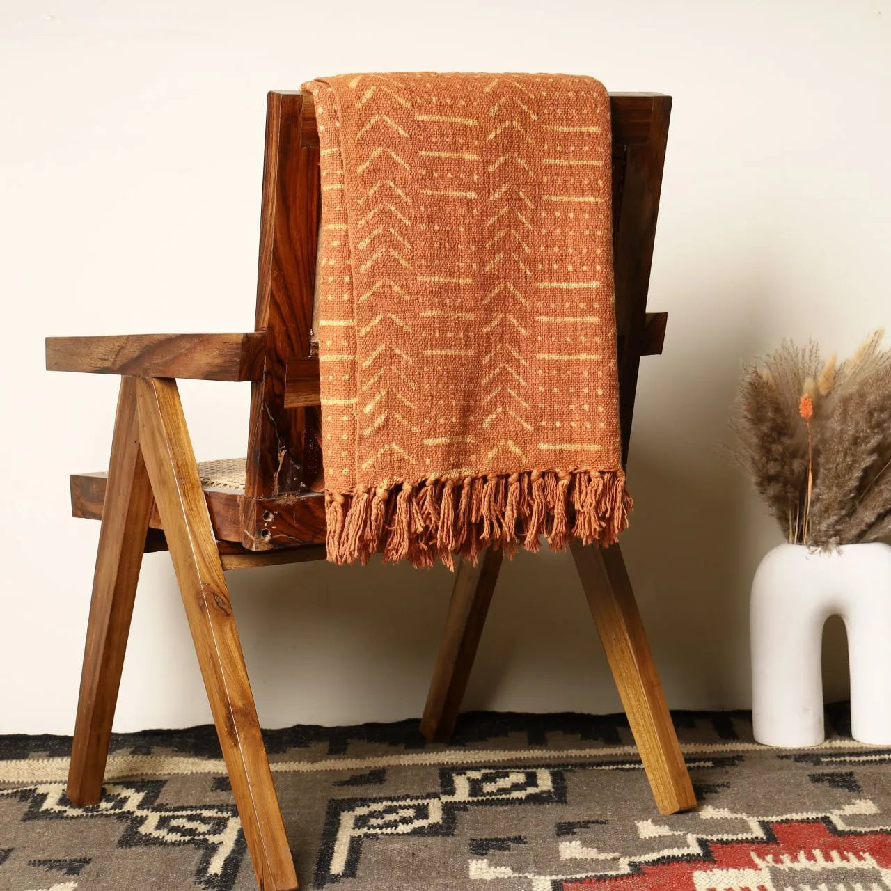 Sanwariya Rugs Burnt Orange Geometric Woven Throw Blanket with Fringe
