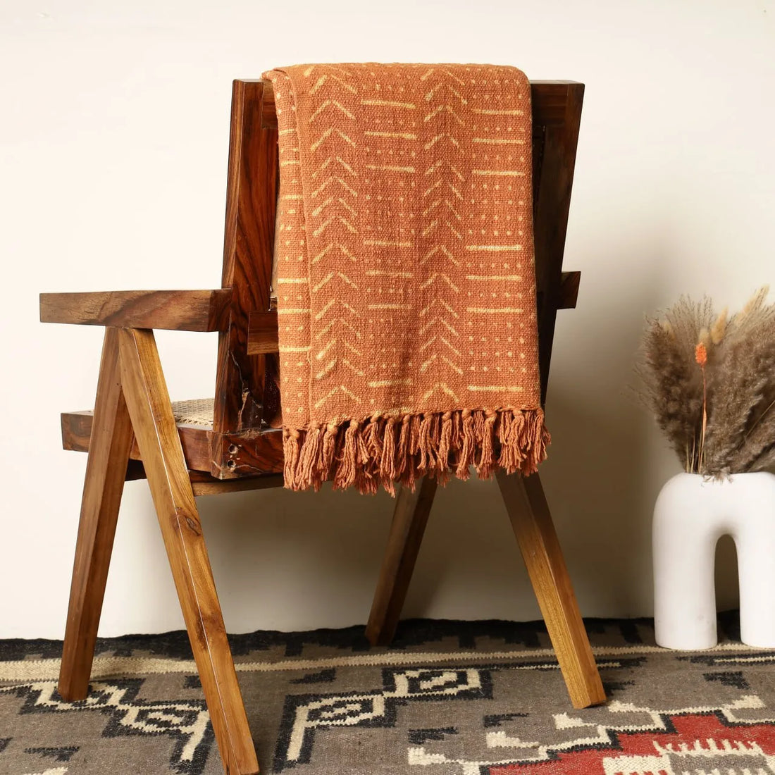 Sanwariya Rugs Burnt Orange Geometric Woven Throw Blanket with Fringe