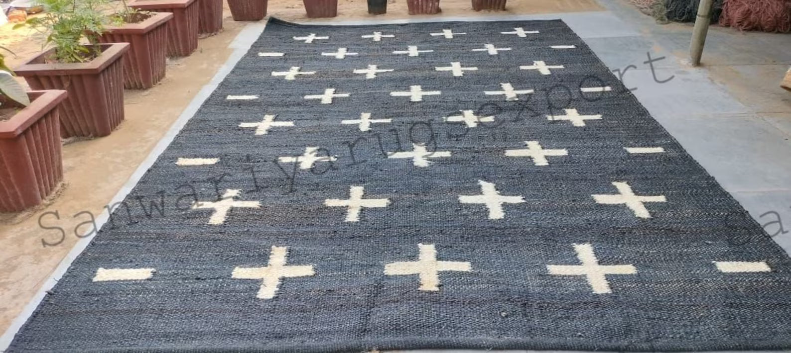 Handwoven Black Jute Area Rug – Plus Cross Design