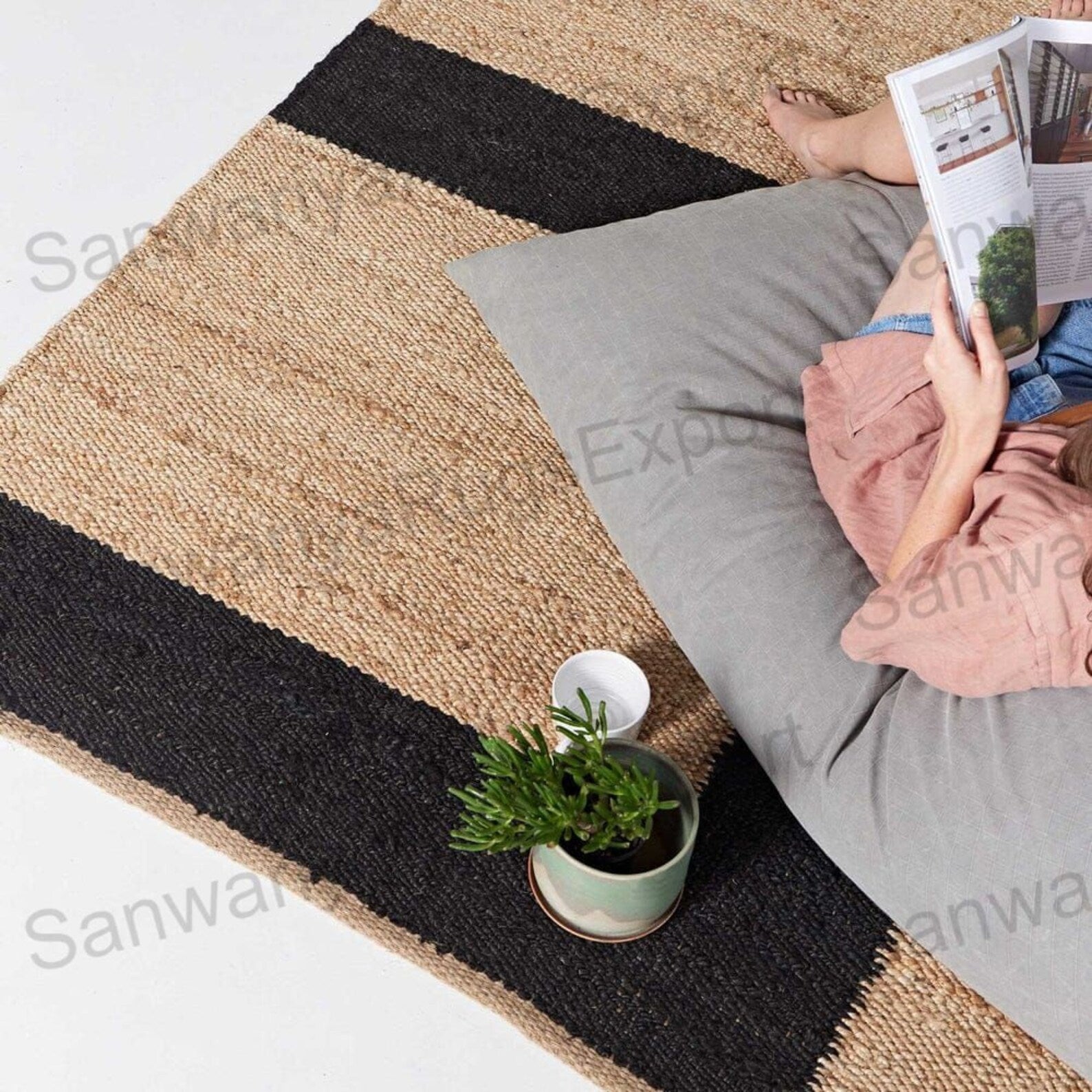 Natural Black Jute Rug | Handwoven Bohemian Hemp Floor Carpet | Eco-Friendly Braided Home Décor