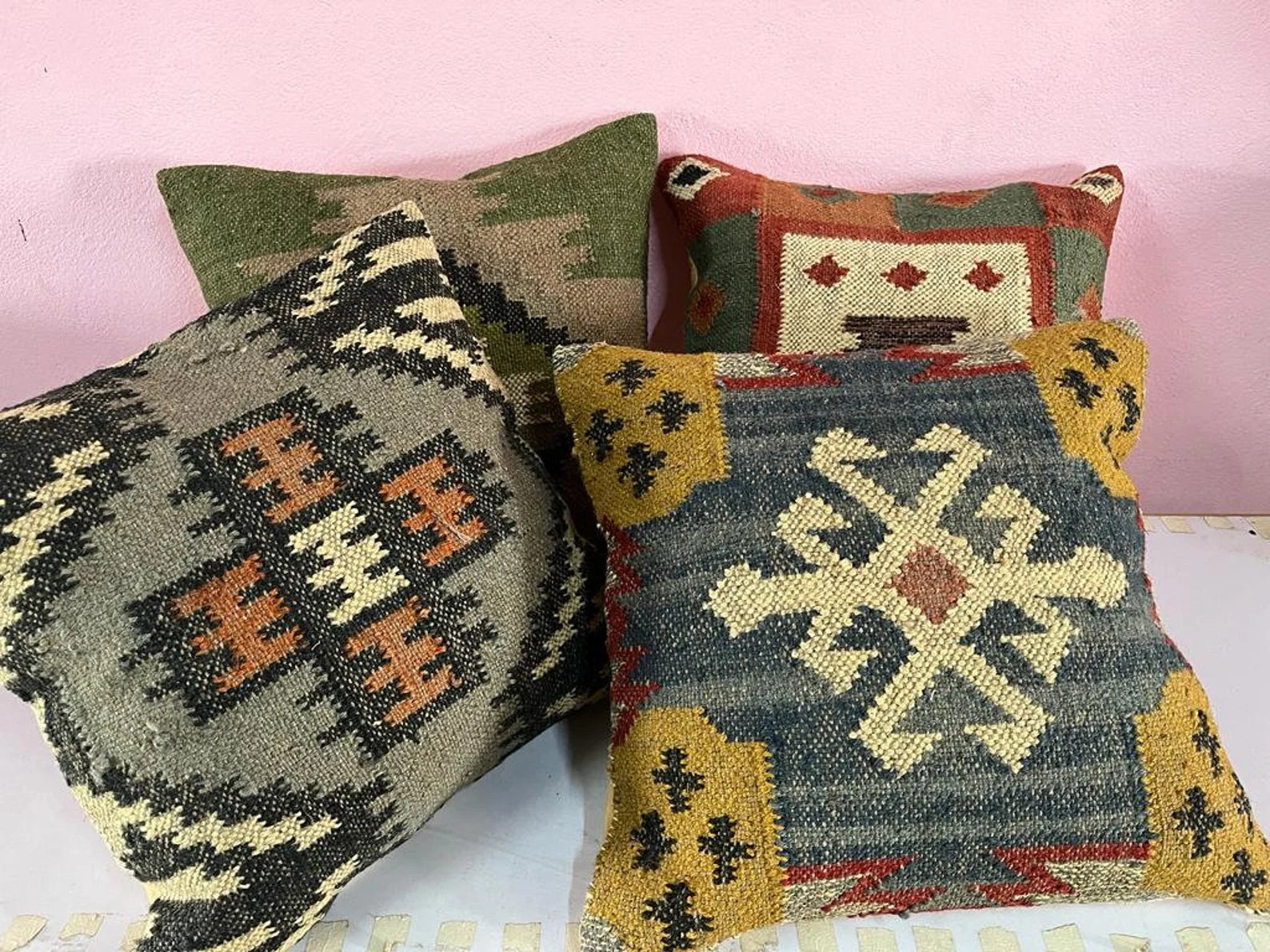 4 Set of Vintage Kilim Pillow | Handwoven Turkish Kilim Cushion Covers | Bohemian Decorative Throw Pillow | Home Decor