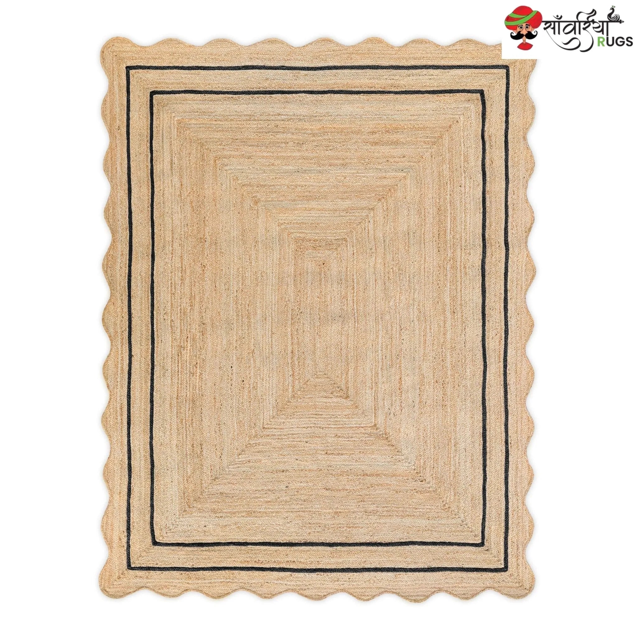 Handwoven Wave Scalloped Natural Jute Rug with Multicolor Border