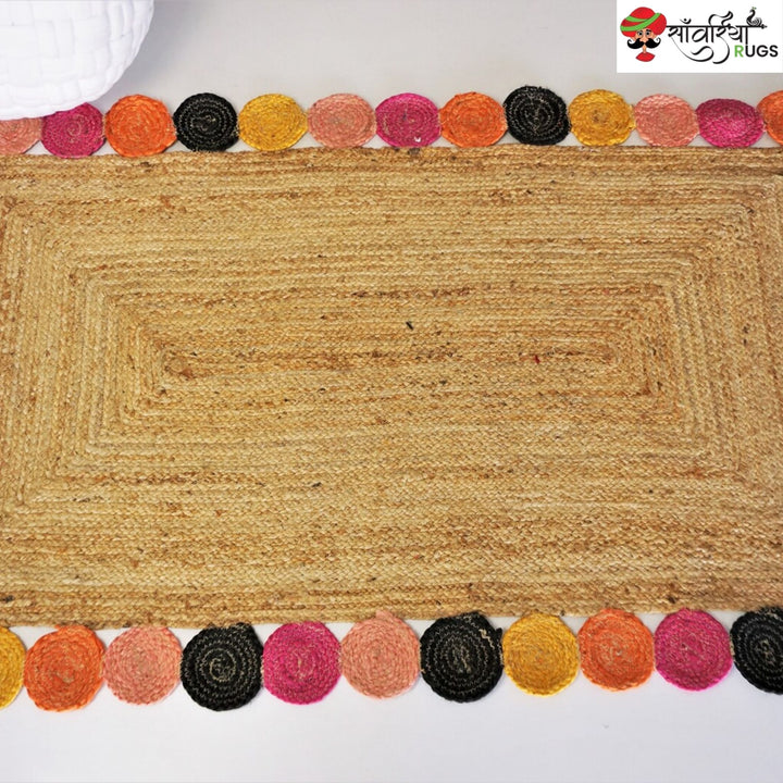 Handmade Natural Jute Braided Rug with Colorful Scalloped Edges