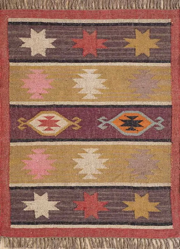 Handmade Wool Jute Area Rug – Southwestern Geometric Kilim Rug with Earthy Tribal Motifs & Fringe