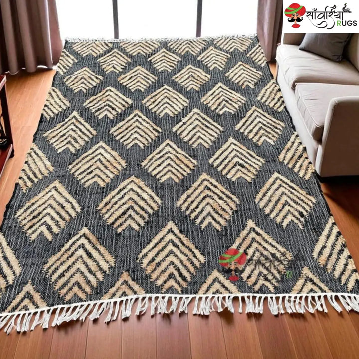 Handmade Black Geometric Jute Cotton Boho Rug