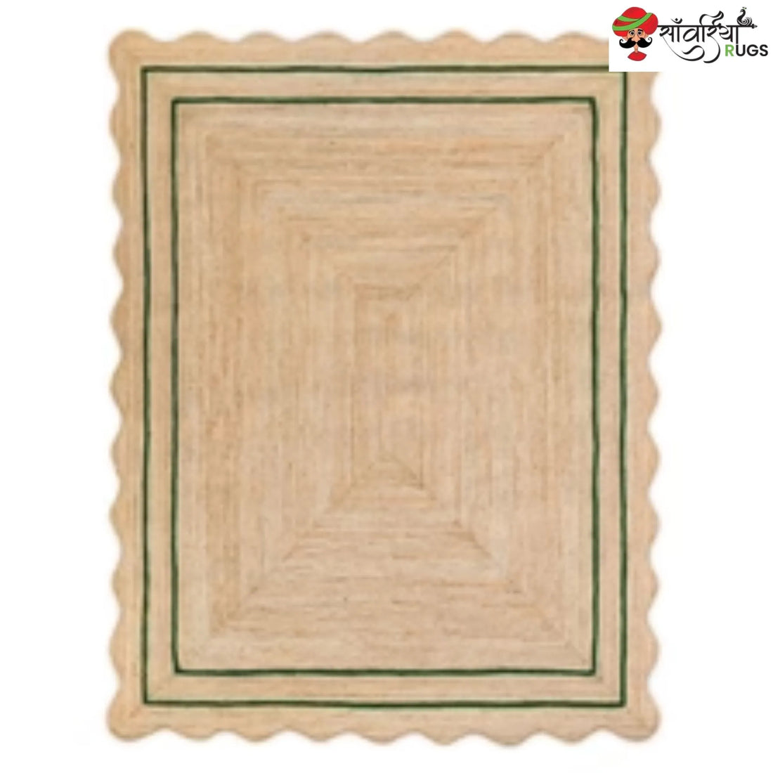 Handwoven Wave Scalloped Natural Jute Rug with Multicolor Border