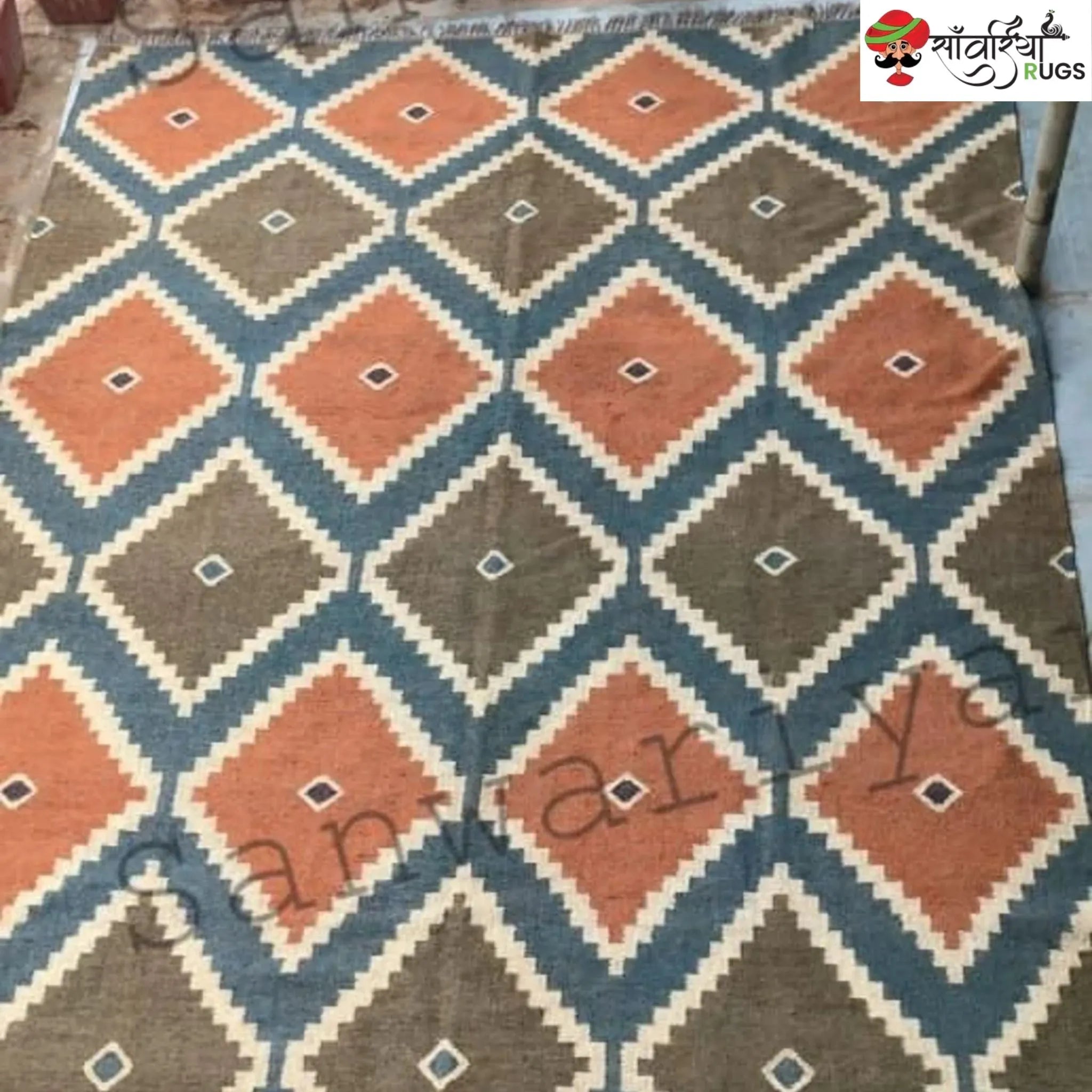 Handwoven Diamond Kilim Rug – Wool Jute Dhurrie