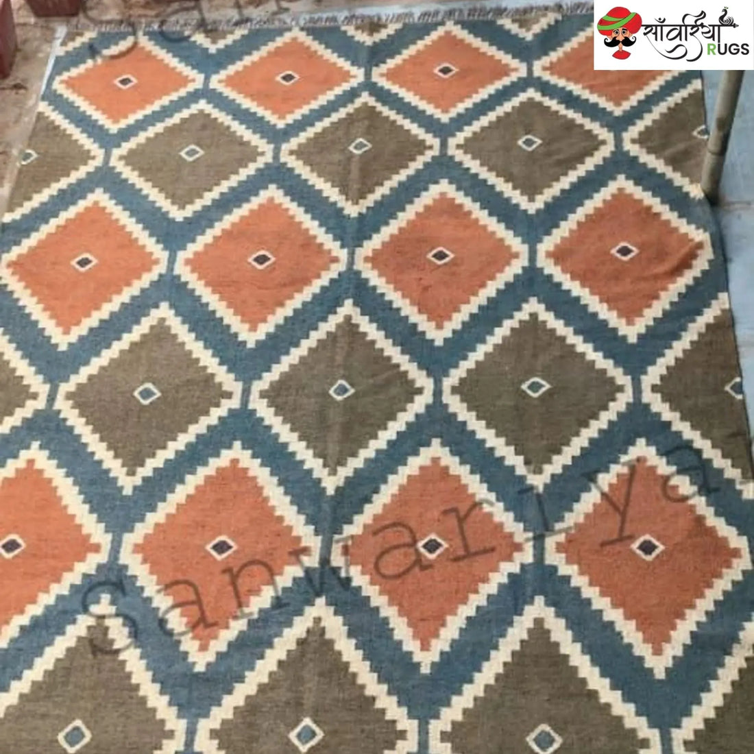 Handwoven Diamond Kilim Rug – Wool Jute Dhurrie