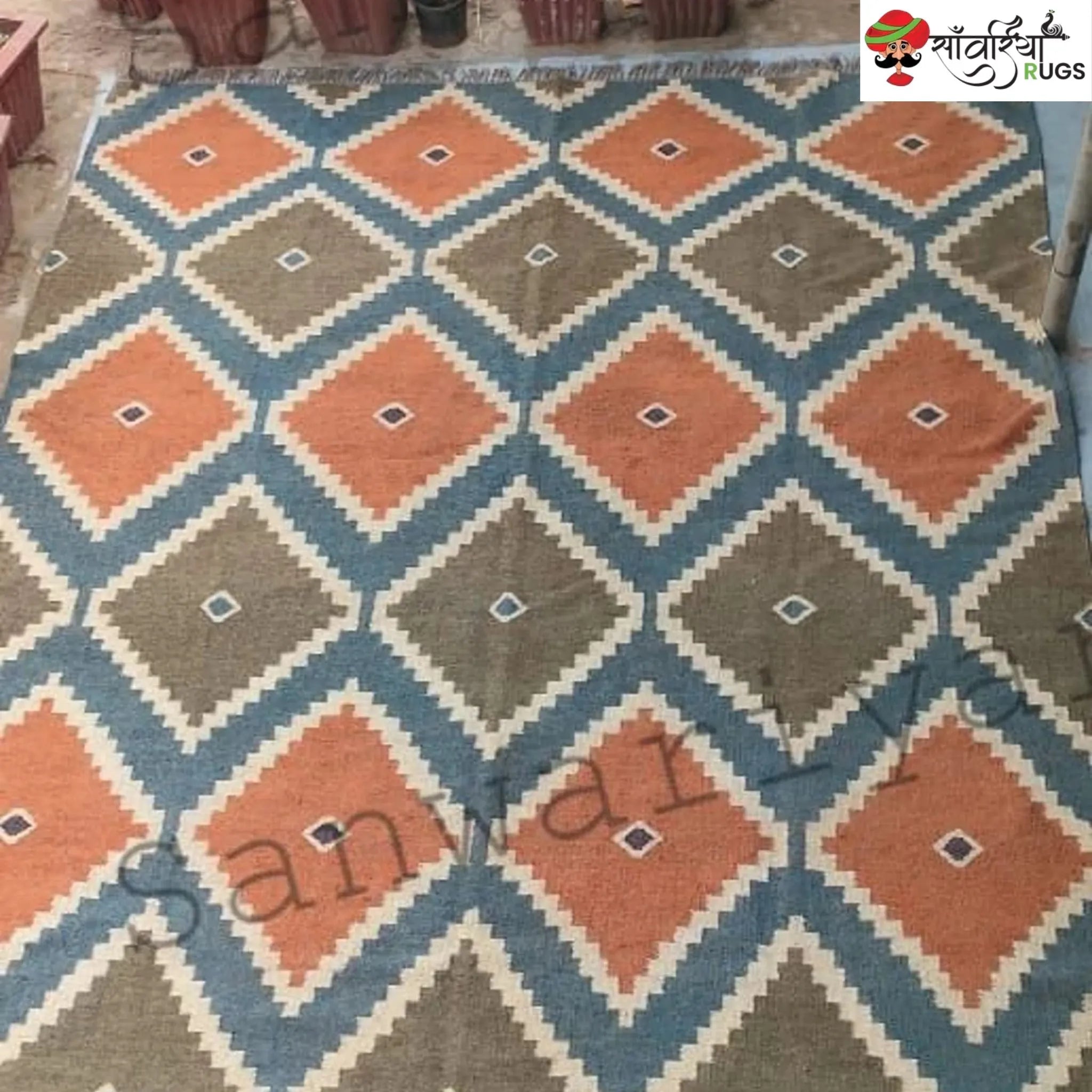 Handwoven Diamond Kilim Rug – Wool Jute Dhurrie