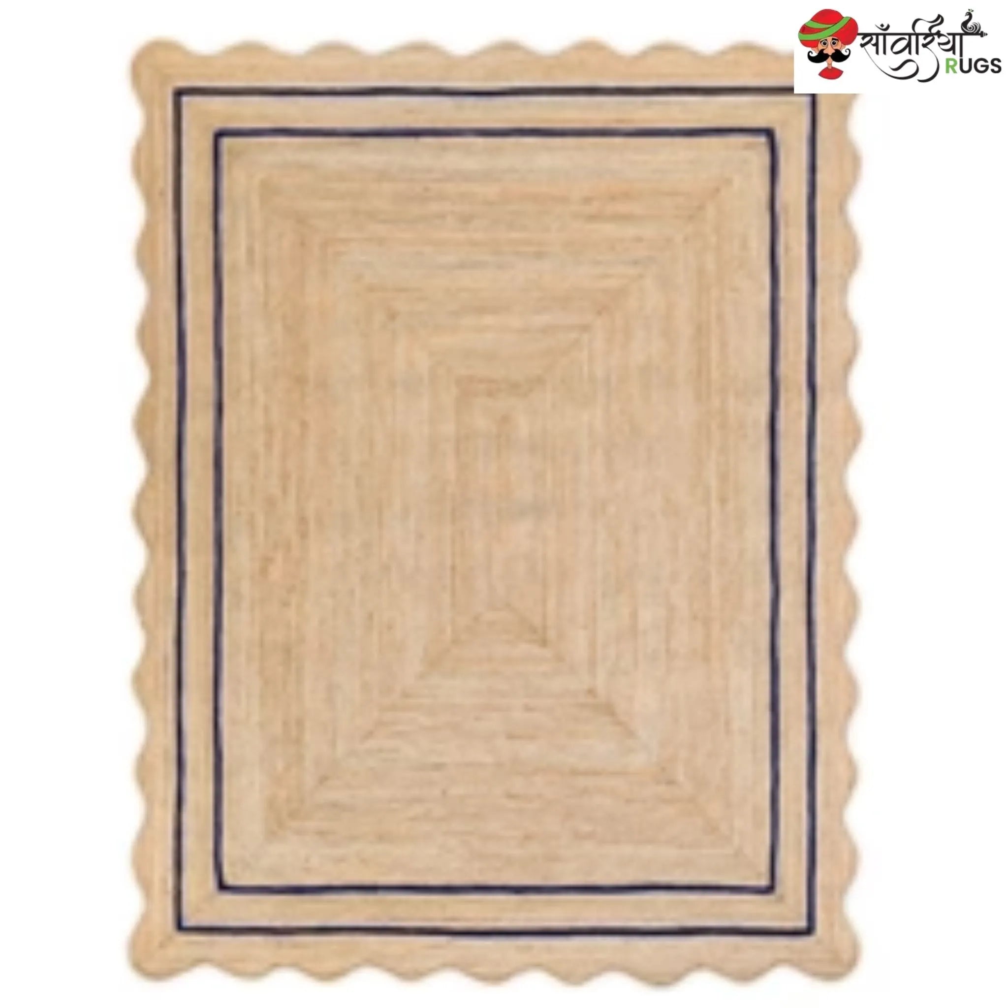 Handwoven Wave Scalloped Natural Jute Rug with Multicolor Border