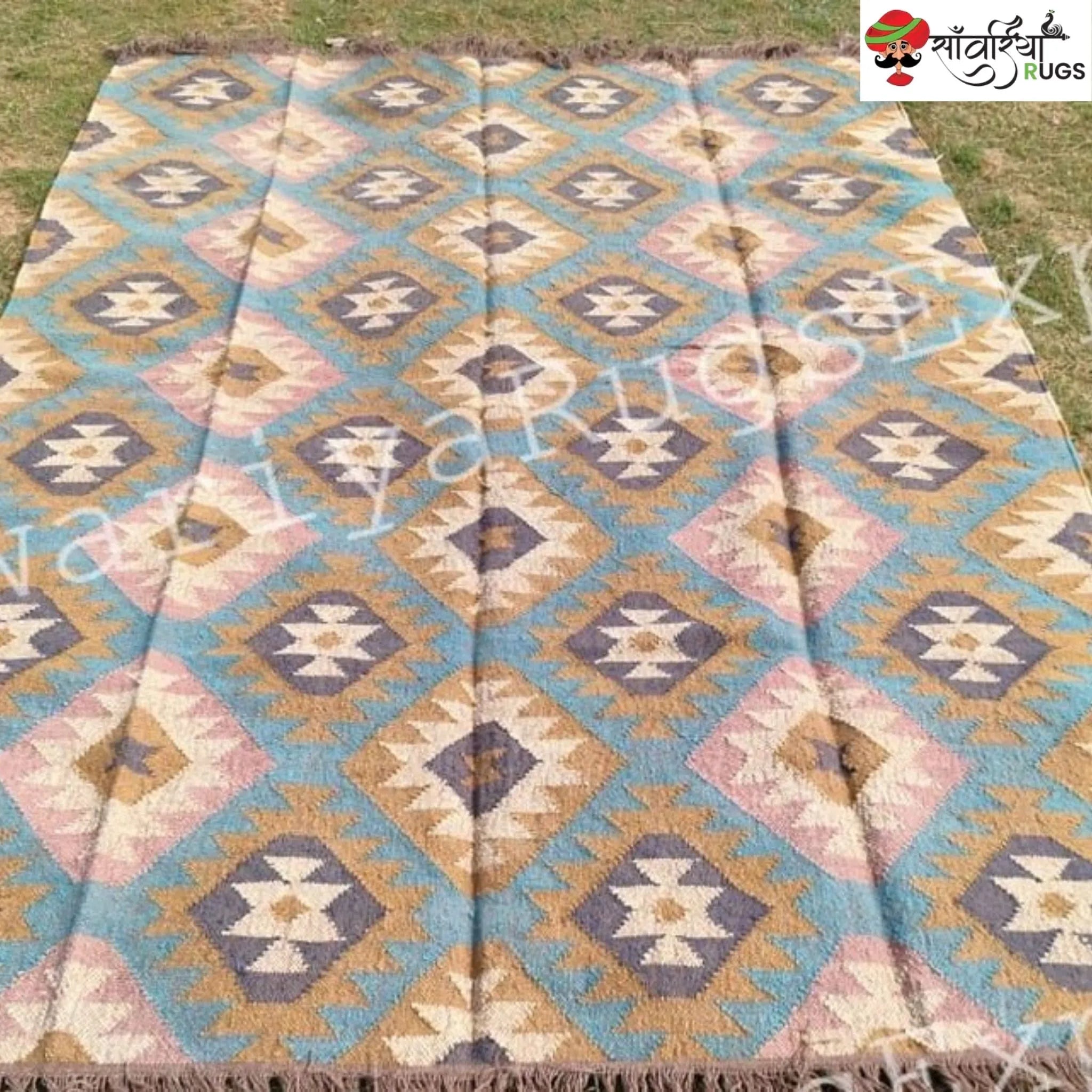 Handwoven Wool Jute Kilim Rug – Multicolor Geometric Design