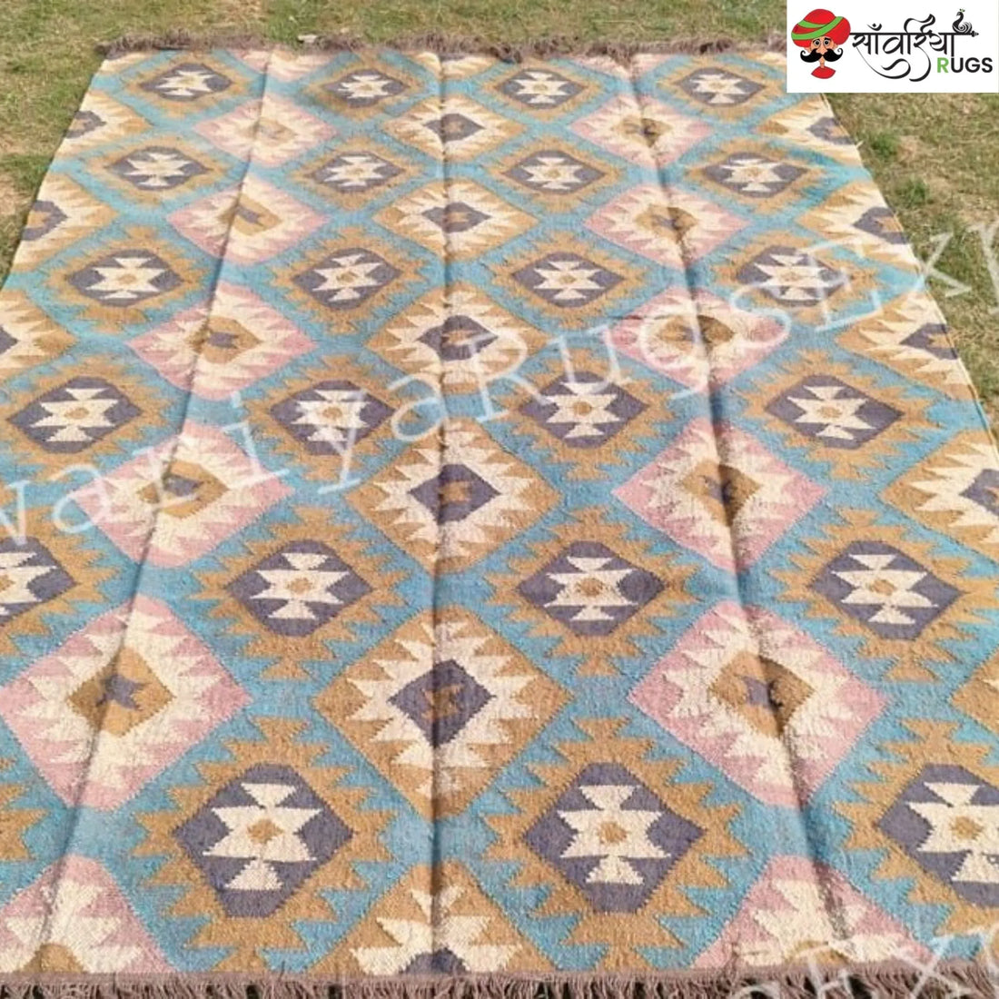 Handwoven Wool Jute Kilim Rug – Multicolor Geometric Design