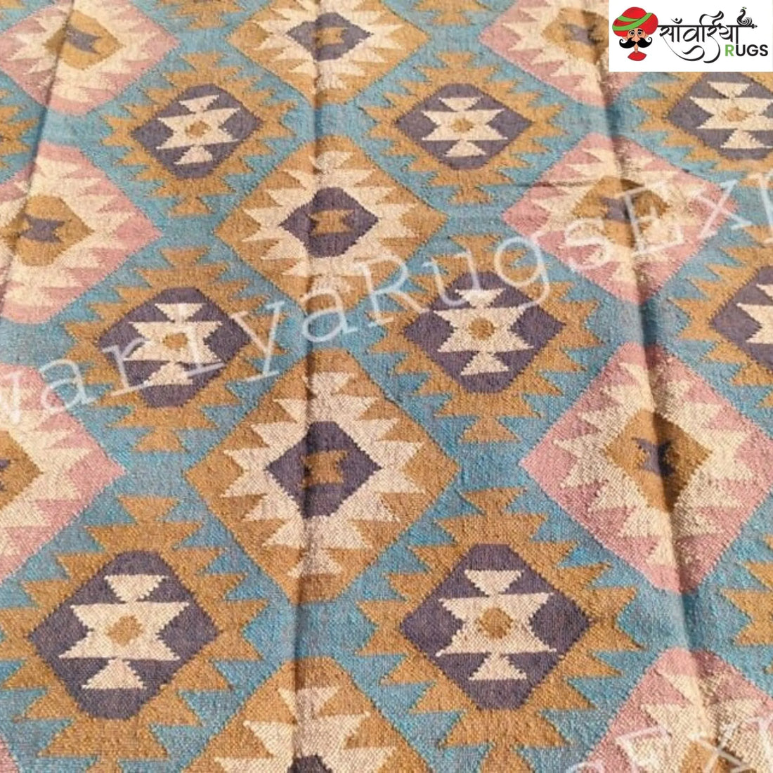 Handwoven Wool Jute Kilim Rug – Multicolor Geometric Design
