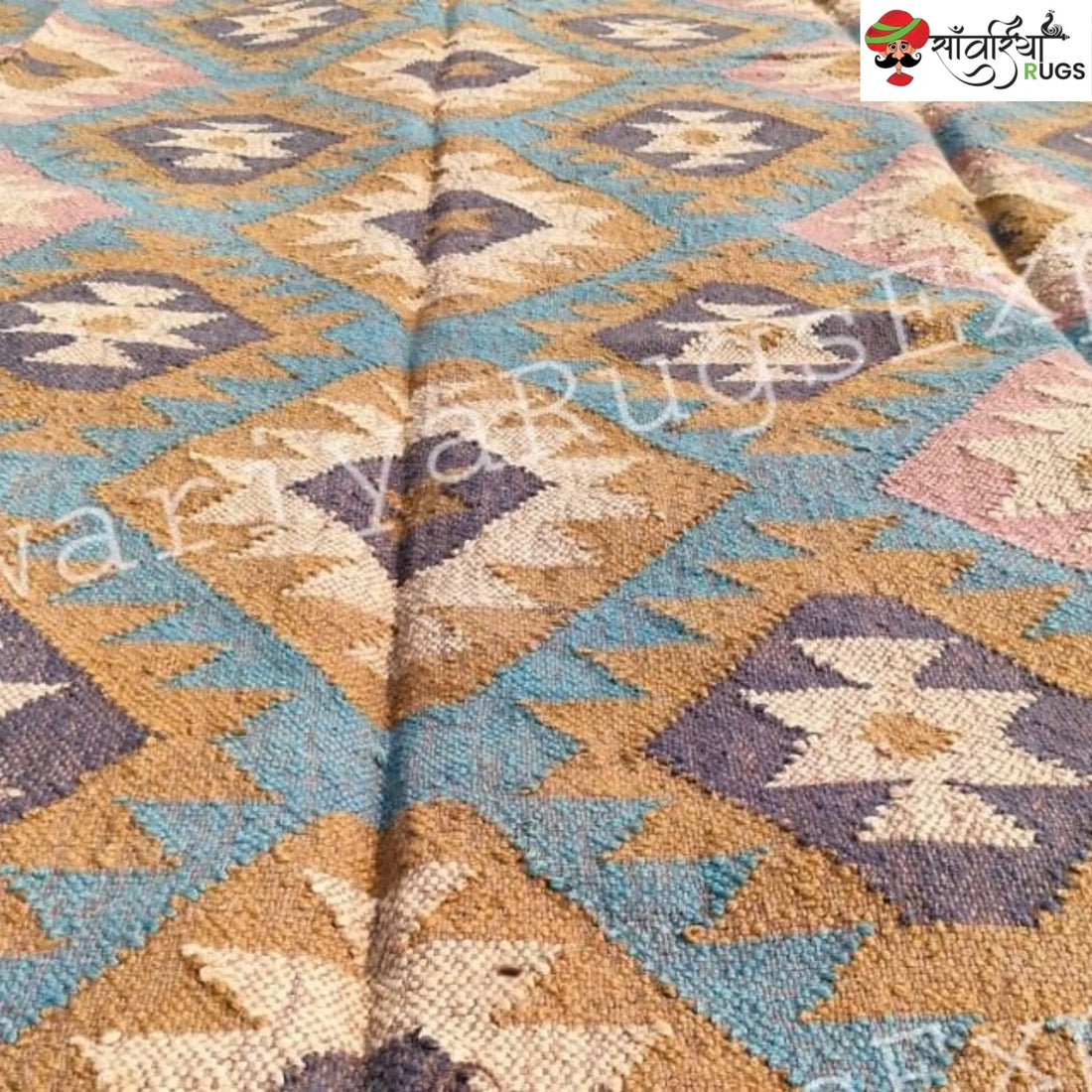 Handwoven Wool Jute Kilim Rug – Multicolor Geometric Design