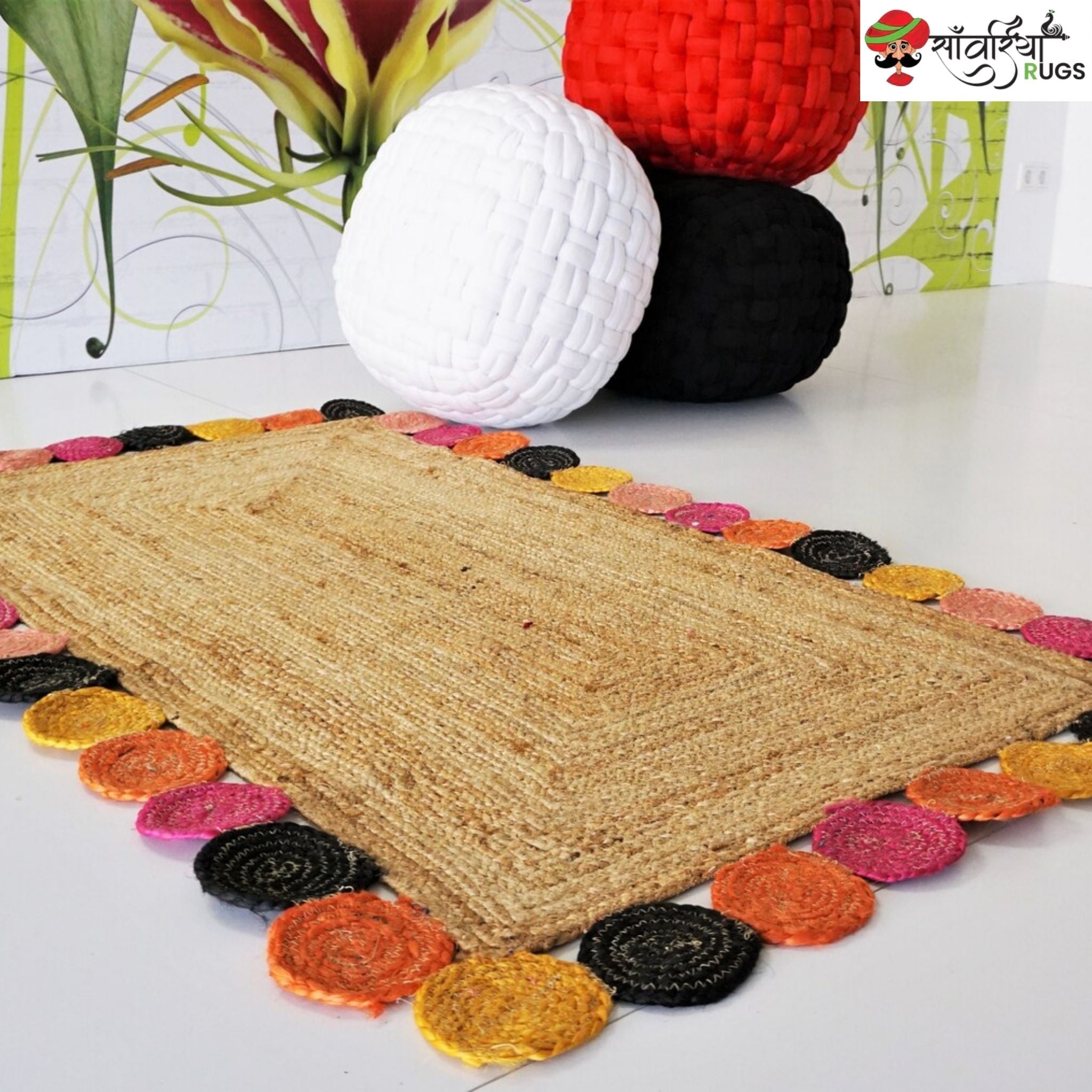Handmade Natural Jute Braided Rug with Colorful Scalloped Edges