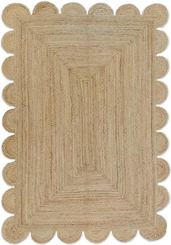 Handwoven Jute Rug – Scalloped Edge Rectangular Braided Decorative Rug