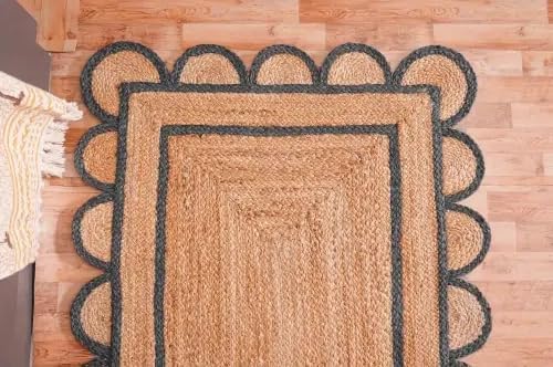 Scalloped Edge Hand Braided Jute Rectangle Rug with Custom Color Border