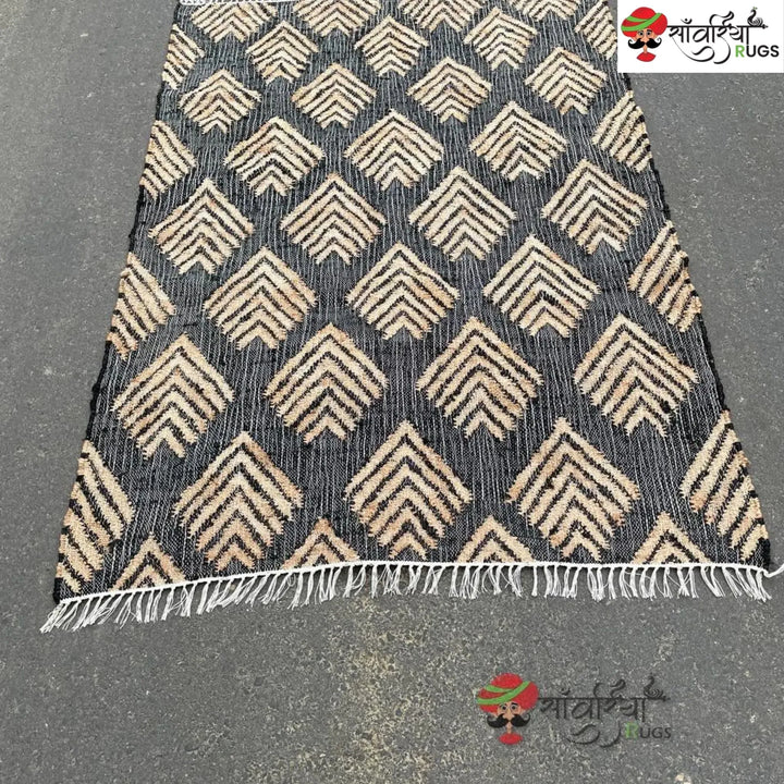 Handmade Black Geometric Jute Cotton Boho Rug