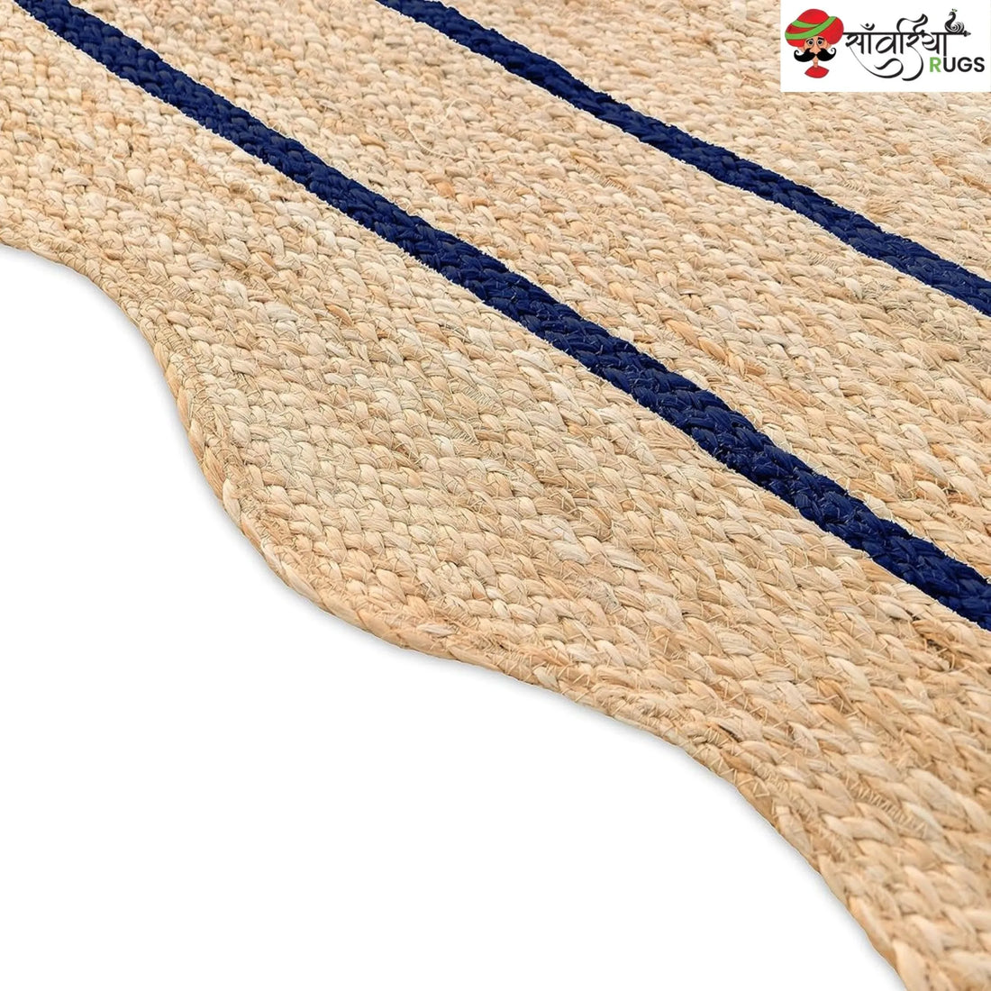 Handwoven Wave Scalloped Natural Jute Rug with Multicolor Border