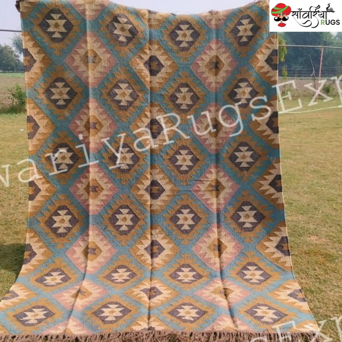 Handwoven Wool Jute Kilim Rug – Multicolor Geometric Design