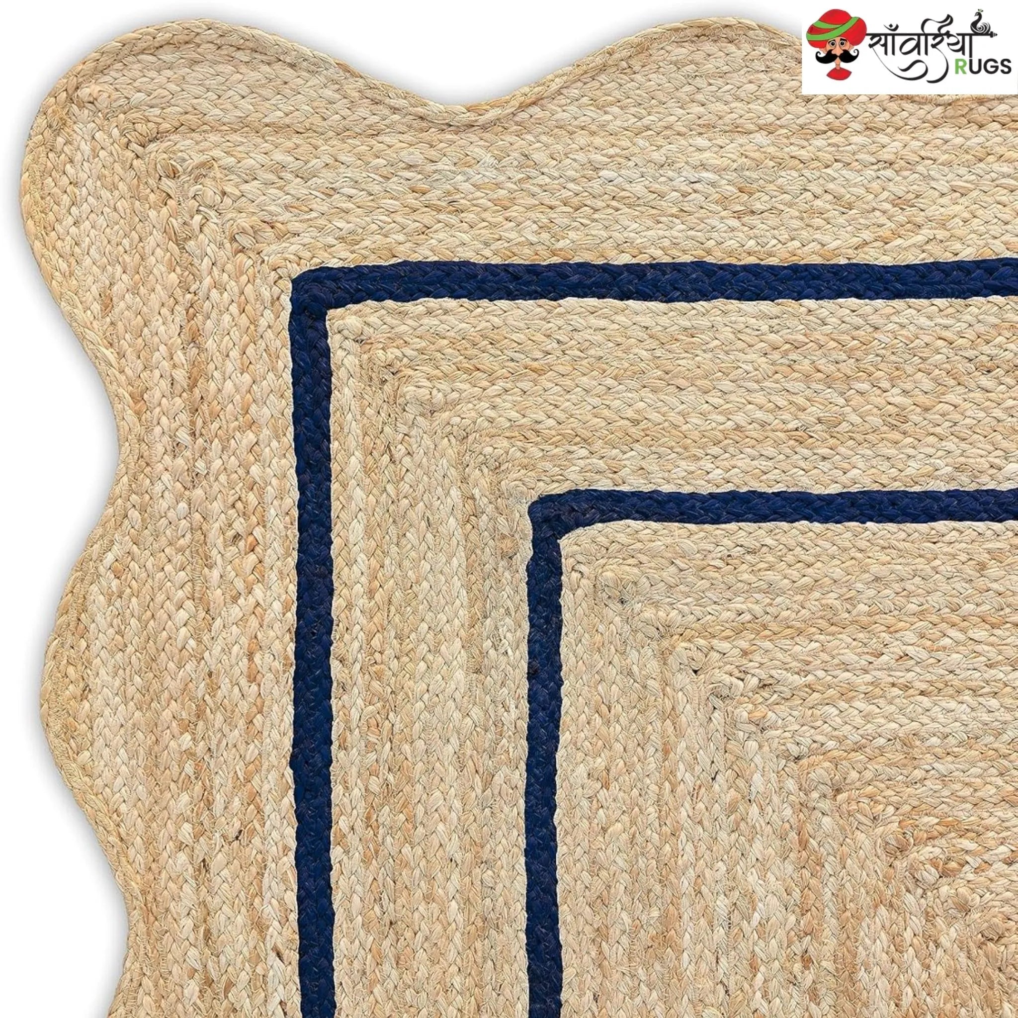 Handwoven Wave Scalloped Natural Jute Rug with Multicolor Border