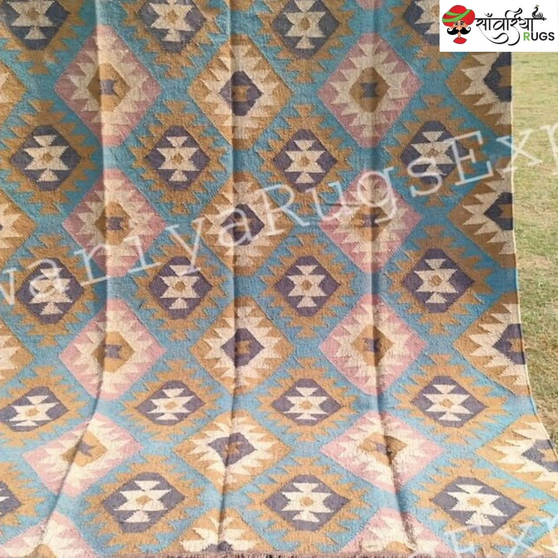 Handwoven Wool Jute Kilim Rug – Multicolor Geometric Design