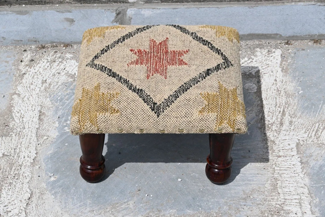 Handmade Southwestern Star Kilim Ottoman Footstool | Wool Jute Upholstered Accent Stool with Solid Wooden Legs & Tribal Design