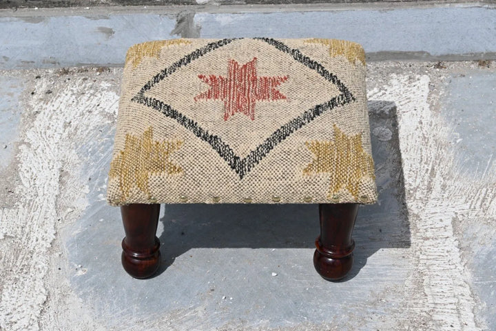 Handmade Southwestern Star Kilim Ottoman Footstool | Wool Jute Upholstered Accent Stool with Solid Wooden Legs & Tribal Design
