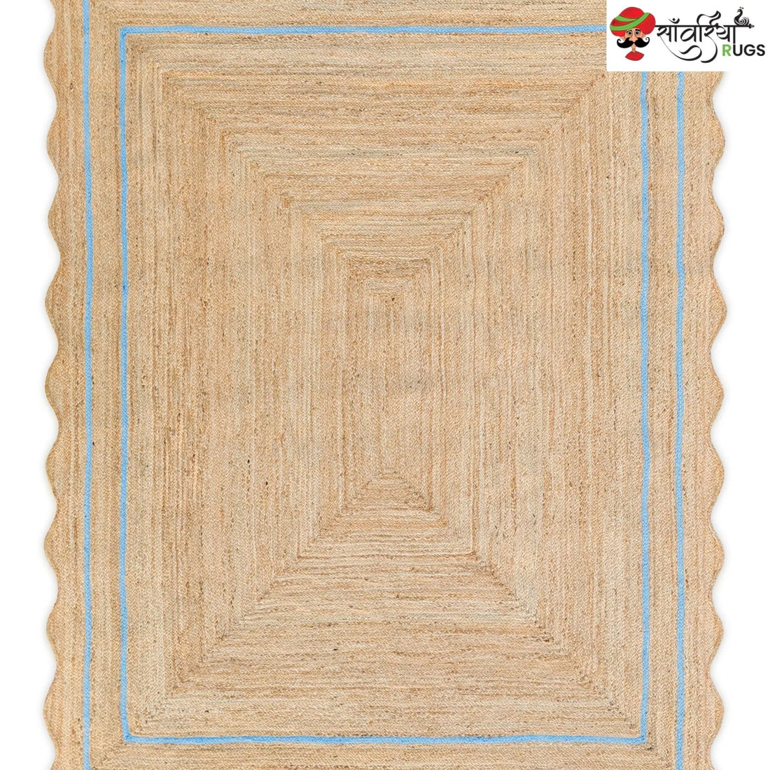 Handwoven Wave Scalloped Natural Jute Rug with Multicolor Border