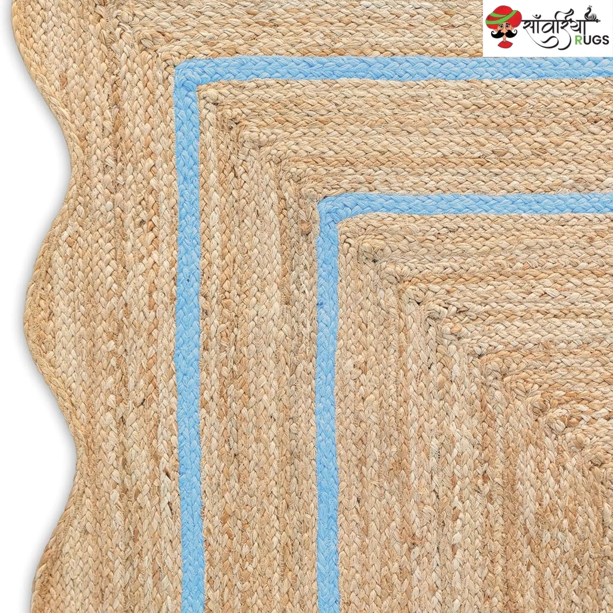 Handwoven Wave Scalloped Natural Jute Rug with Multicolor Border