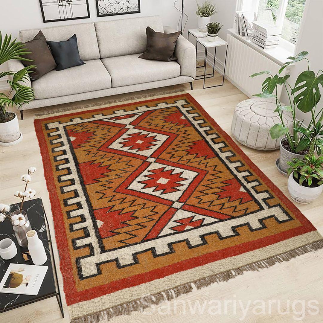 Handmade Kilim Rug  Handwoven Wool and Jute Rug Handmade Kilim Dhurrie Rug Motifs Oriental,treditional