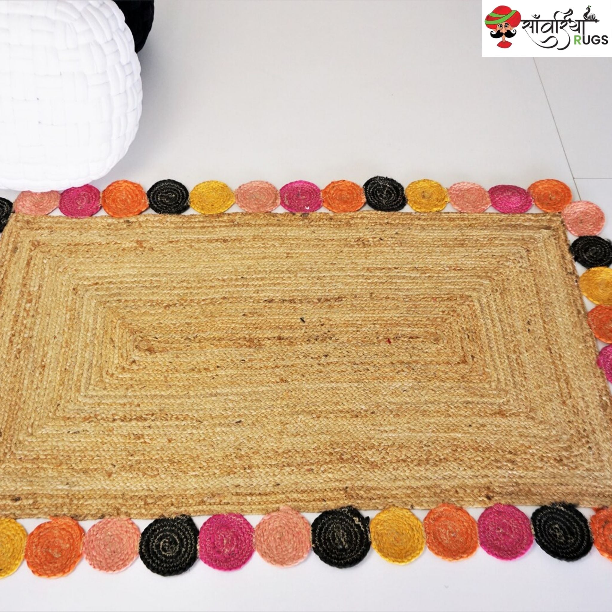 Handmade Natural Jute Braided Rug with Colorful Scalloped Edges