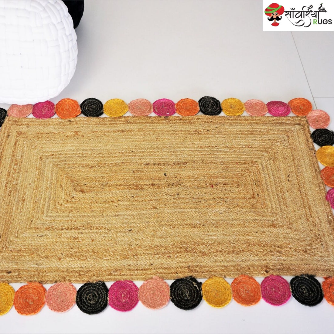 Handmade Natural Jute Braided Rug with Colorful Scalloped Edges