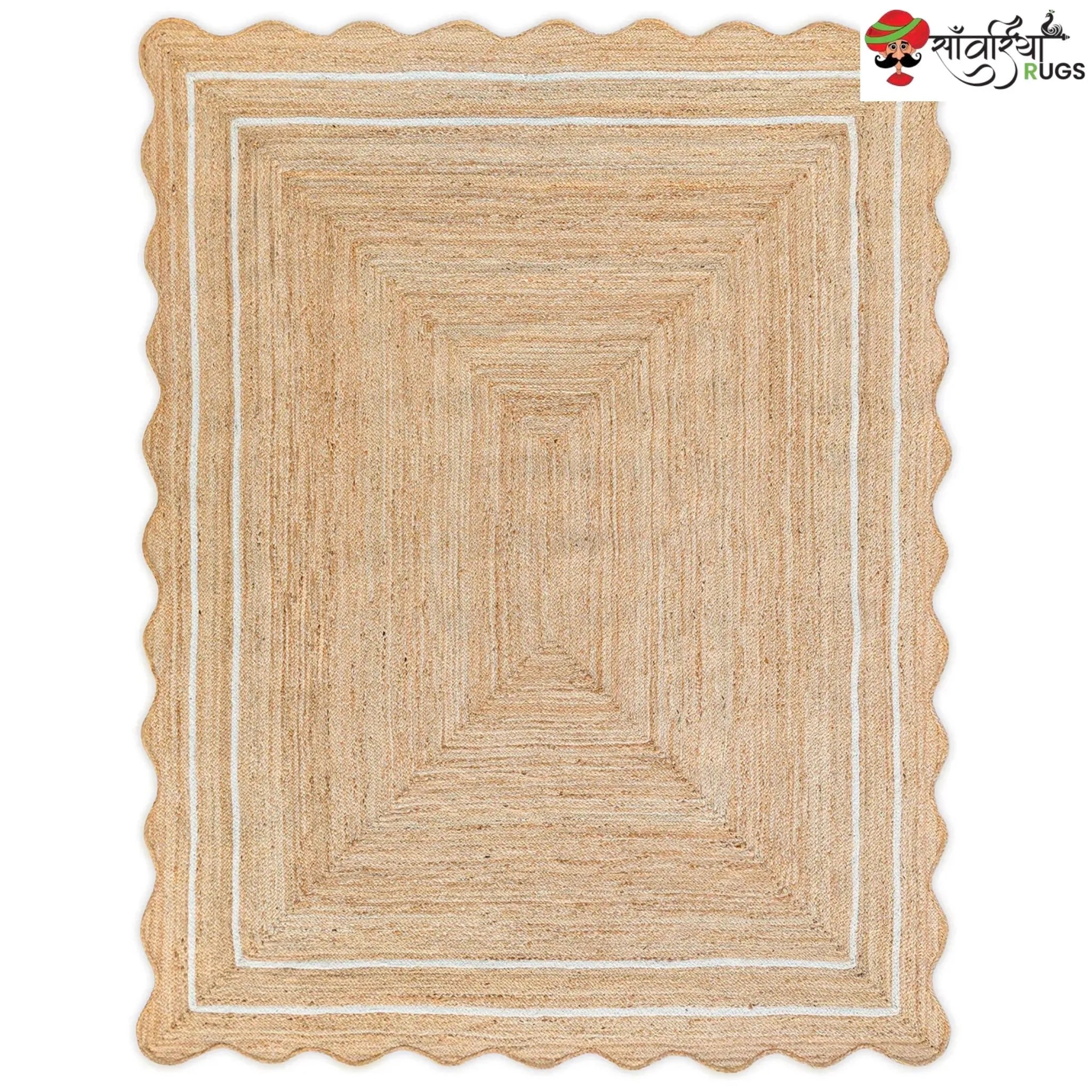 Handwoven Wave Scalloped Natural Jute Rug with Multicolor Border