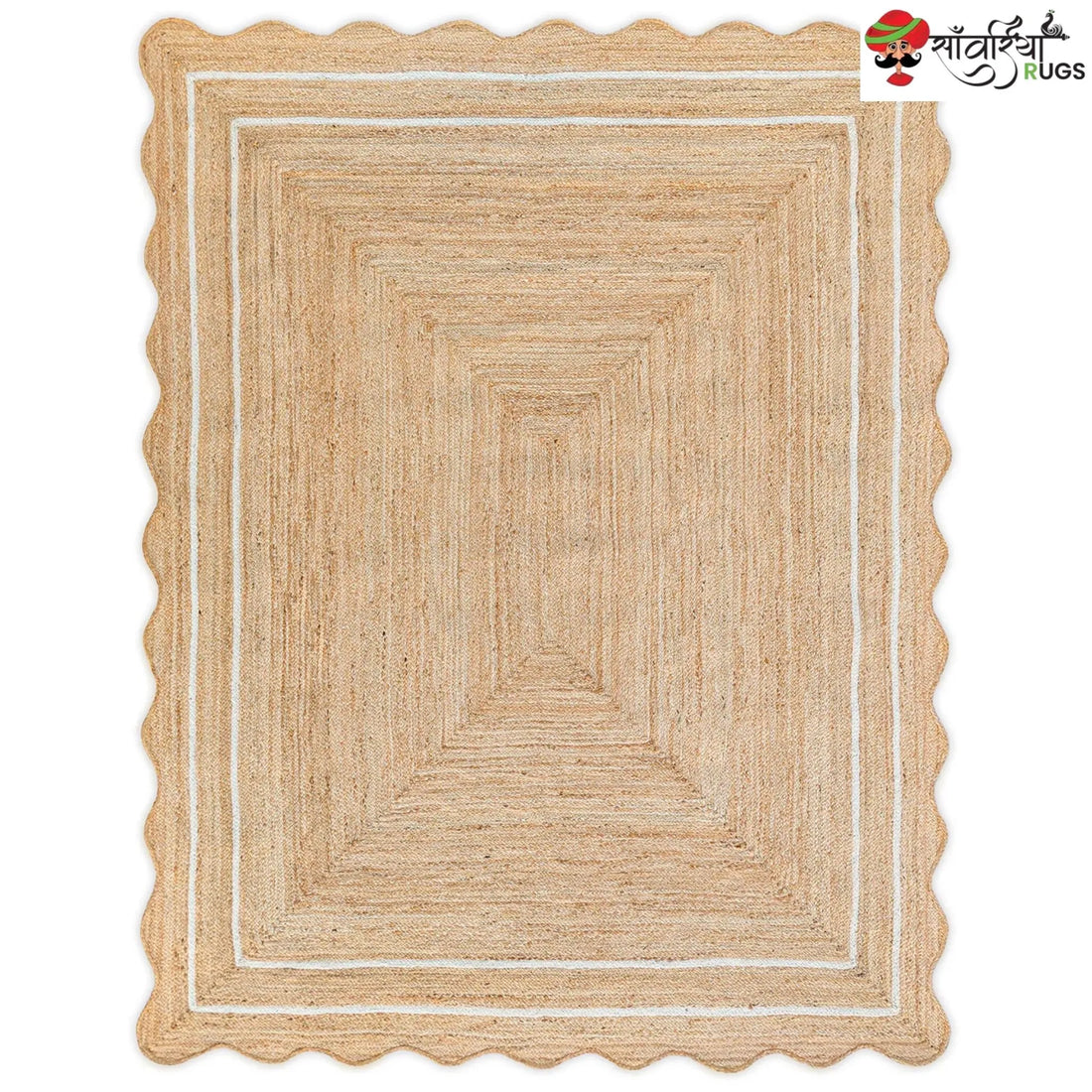 Handwoven Wave Scalloped Natural Jute Rug with Multicolor Border