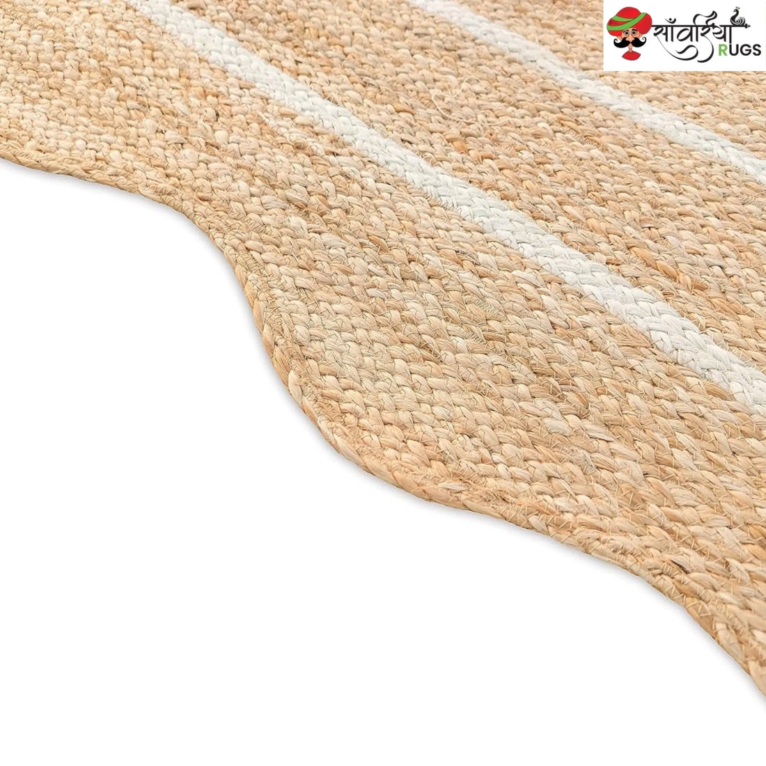 Handwoven Wave Scalloped Natural Jute Rug with Multicolor Border