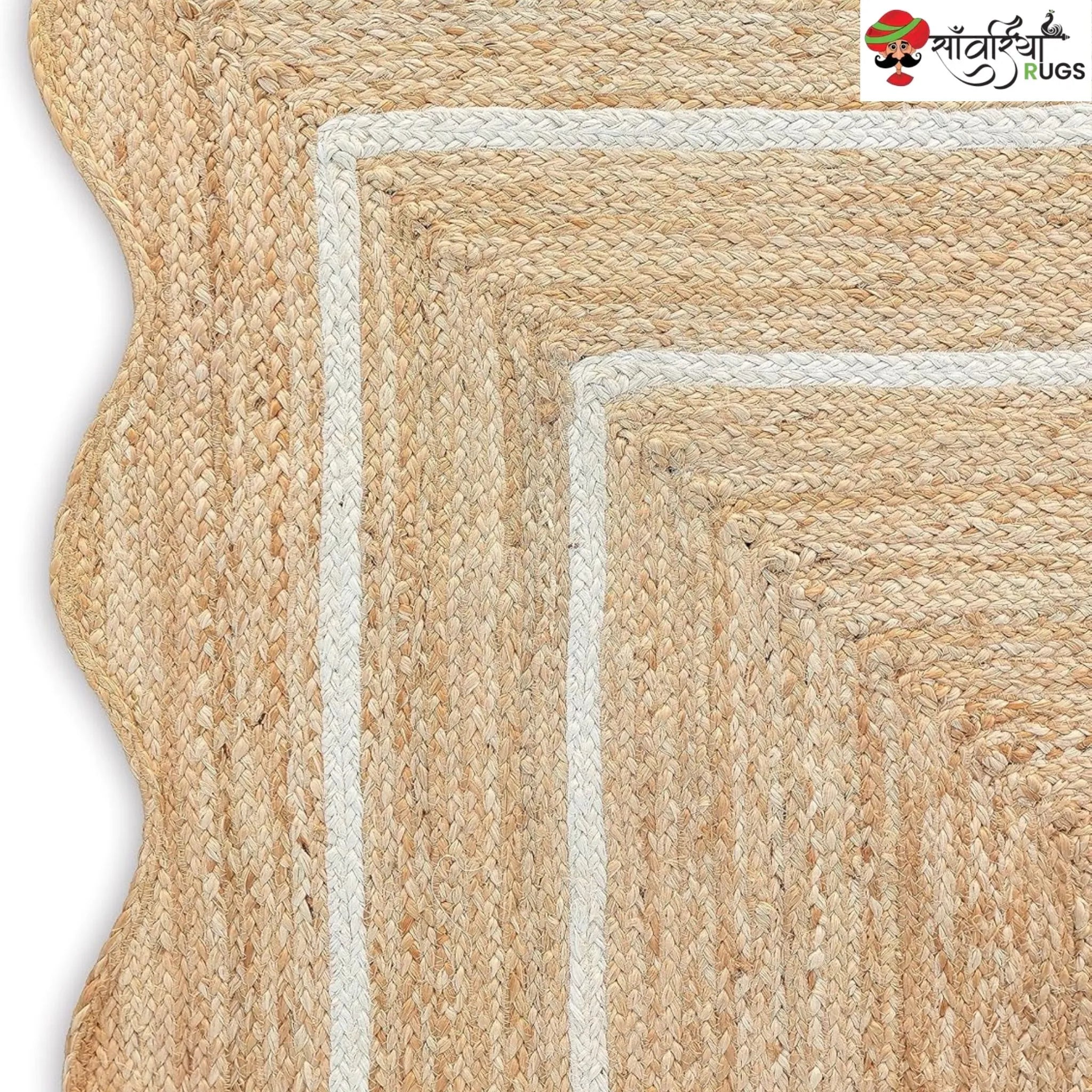 Handwoven Wave Scalloped Natural Jute Rug with Multicolor Border