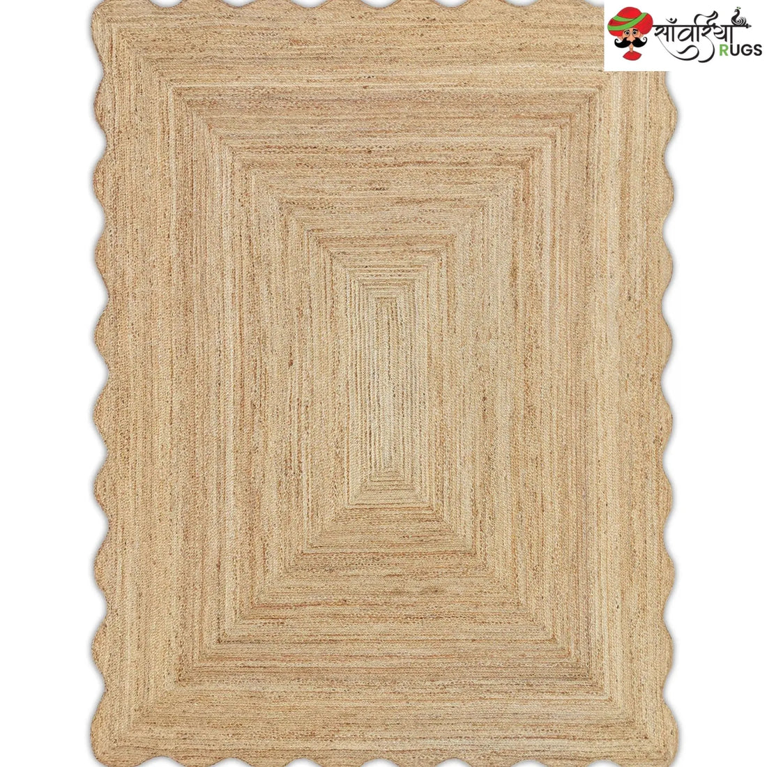 Handwoven Wave Scalloped Natural Jute Rug with Multicolor Border